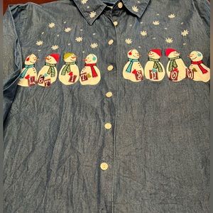 Karen Scott Sport Long Sleeve Denim Colored Let It Snow Top size Large